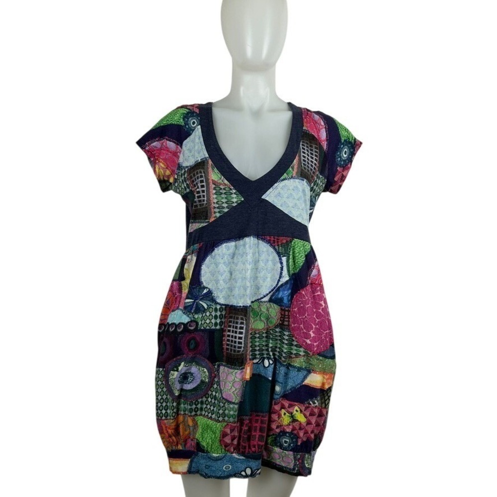 Desigual Patchwork Mini Bubble Dress Tunic Multicolor Boho Artistic V Neck Med